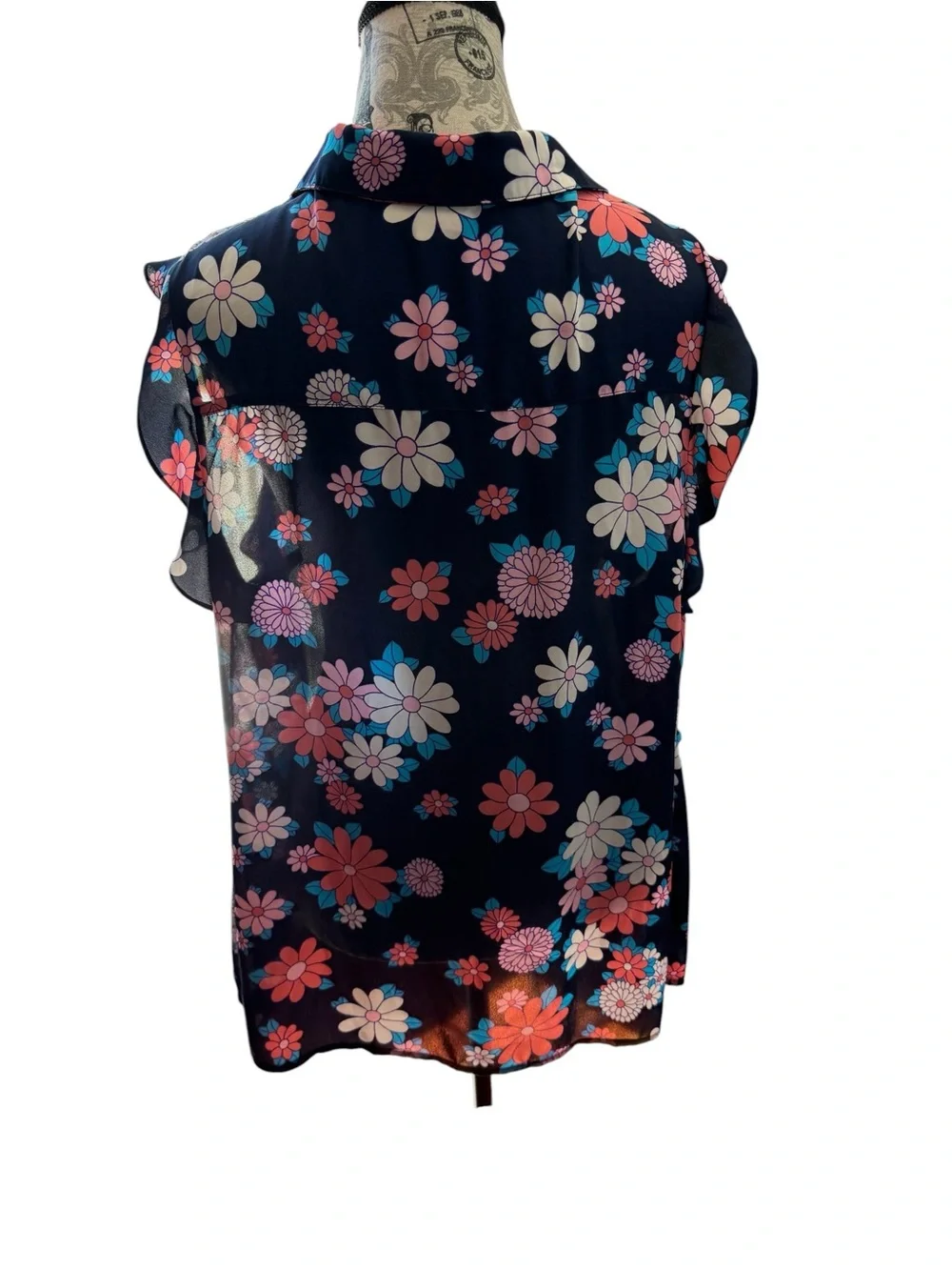 Modcloth Navy Floral Ruffle-Cap Button Blouse - Picture 4 of 8